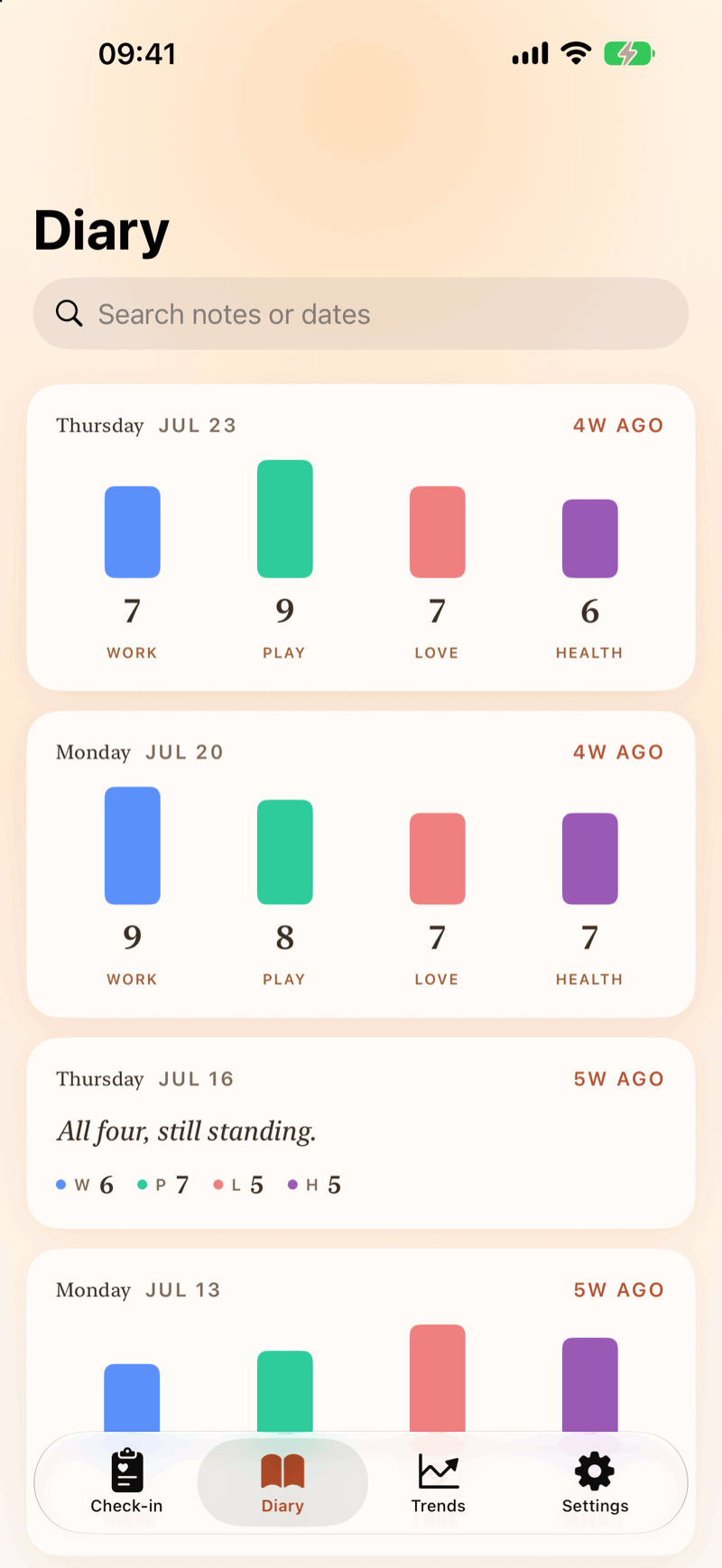 Weekly Pulse diary screen